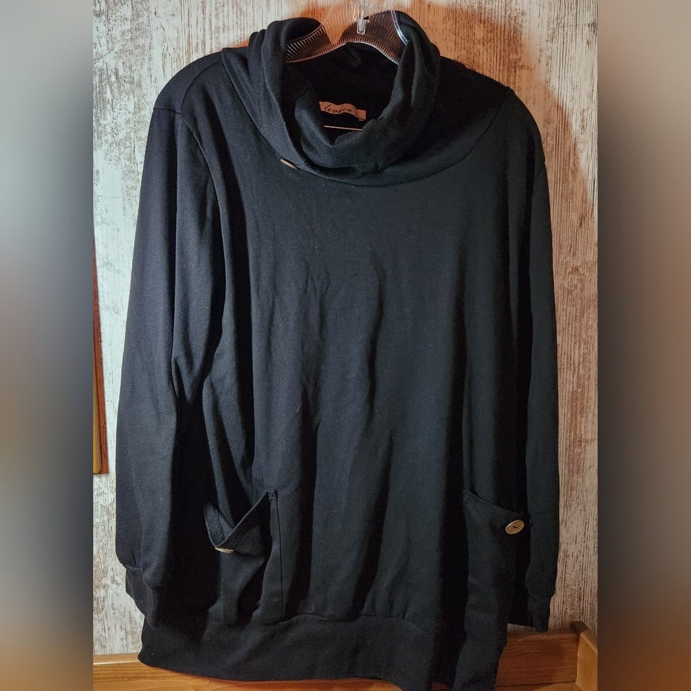 Stylish Black Women's Cowl Neck Button Accents Tunic on Collar & Pockets